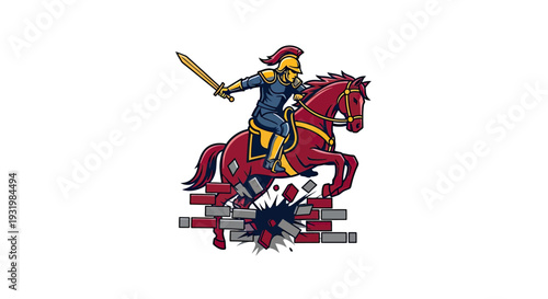 A knight on a horse jumps over a brick wall, holding a sword. Illustration style, clean lines