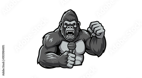 Fierce cartoon gorilla holds a microphone in one hand and makes a fist with the other