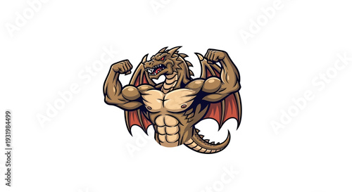 A muscular dragon is flexing its arms, revealing a strong physique. Red wings and angry face
