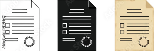 Collection of document icons with checklist and seal representing legal papers contracts or official forms in various styles isolated on white