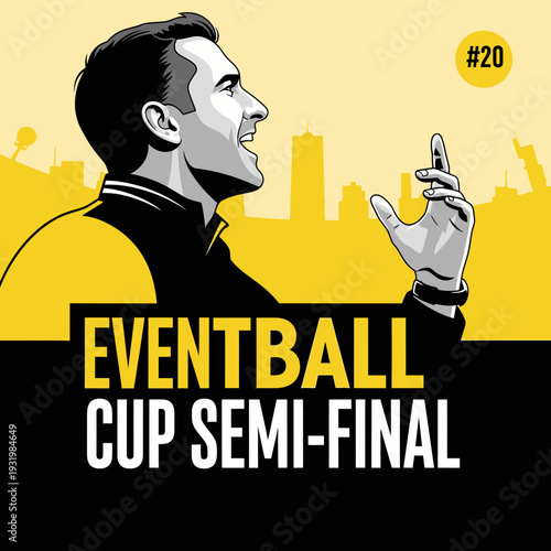 Dynamic Illustration of a Jubilant Man Celebrating Victory with Cityscape Background Design