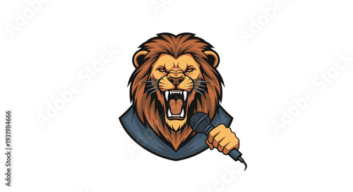 A stylized illustration of a roaring lion holding a microphone, ready to speak