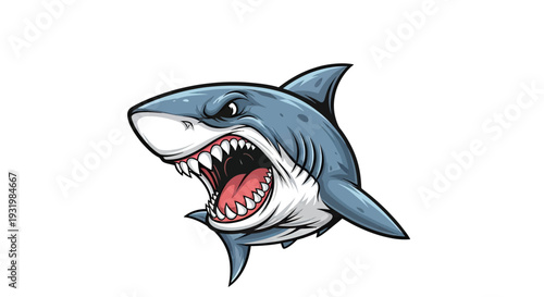 Fierce cartoon shark illustration, showing open mouth of teeth, fins, and grey body, isolated