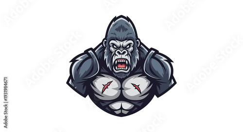 A muscular, stylized gorilla head grins menacingly, showing teeth, with a grey, white & red color scheme