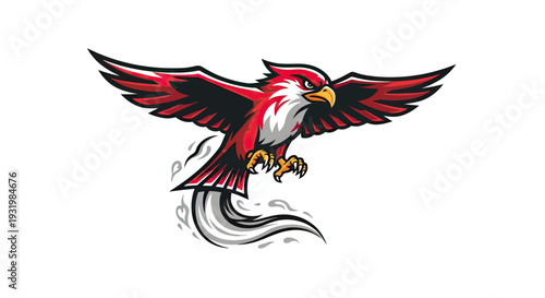 A stylized soaring bird of prey in red, black, white, and yellow. It has outstretched wings