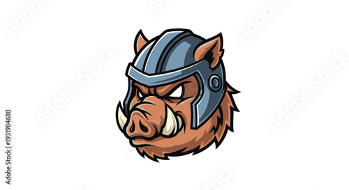 A stylized illustration of a wild boar's head wearing a helmet. It is on a white background
