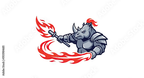 A rhino, armored, wields a flaming torch amidst a red fire pattern