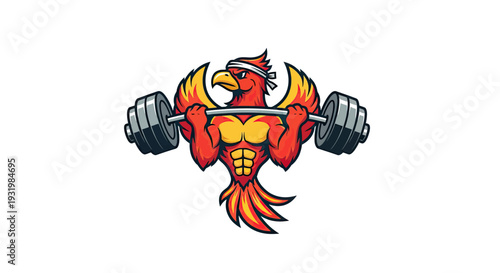 A stylized, muscular phoenix lifting a barbell, colored in shades of red, yellow, and orange