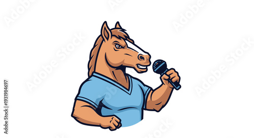 A muscular horse figure, holding a microphone. Cartoon illustration in a blue shirt