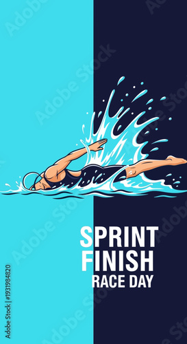 Dynamic Illustration of a Swimmer Bursting Through Water During a Competitive Race