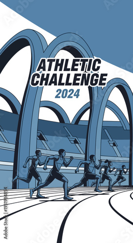 Dynamic Illustration of an Athletic Competition Event Depicting Runners In a Modernistic Arena