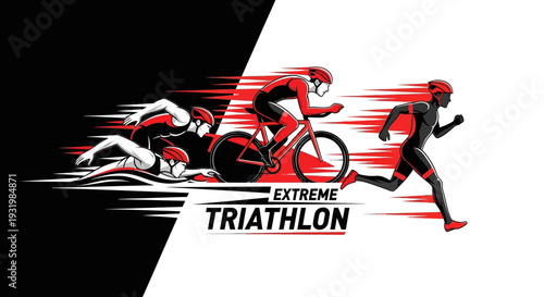 Dynamic Illustration of an Extreme Triathlon Competition with Graphic Design Elements