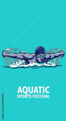 Dynamic Illustration of a Swimmer in Action, Showcasing Aquatic Sports Competition Vigor