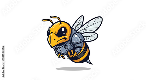 Cartoonish bee wearing armor, flying against a white background with a shadow