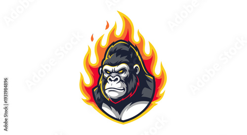 Vector illustration of a gorilla head with fire surrounding it, aggressive expression
