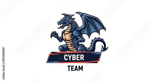 Digital dragon mascot with wings, claws, and text "CYBER TEAM" on a white background