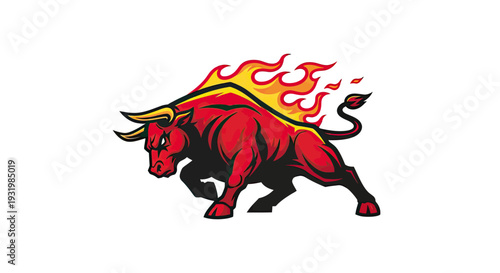 A muscular, fiery red bull with horns and a flame mane, on white.