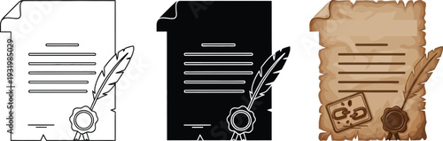 Set of document icons with quill pen and seal representing historical writing legal contracts and vintage certificates isolated on white