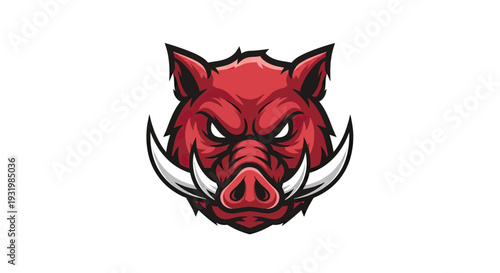 Fierce cartoon of a red, aggressive boar head with large tusks on white background