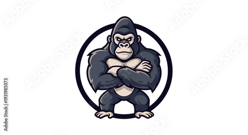 Cartoon gorilla inside a circle with arms crossed, staring forward. Solid colors