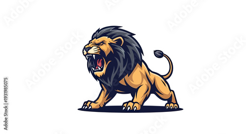 An enraged lion illustration, roaring, ready to attack, colored in golds, blacks and reds