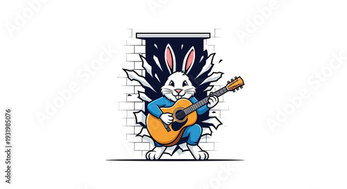 A rabbit cartoon character plays a guitar while breaking through a brick wall