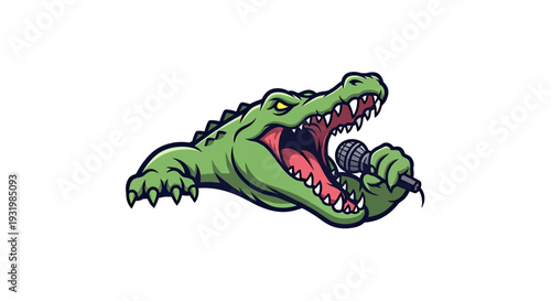 A cartoon alligator holds a microphone, roaring or singing. Image is on a white background