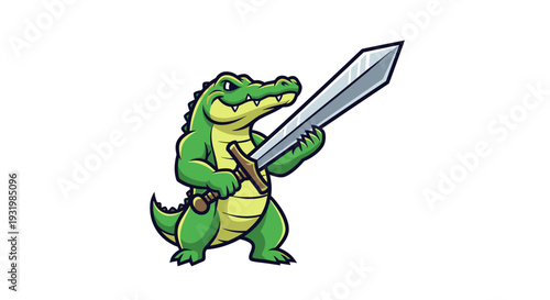 Cartoon alligator with a broadsword, smiling. The green reptile stands ready against a white background