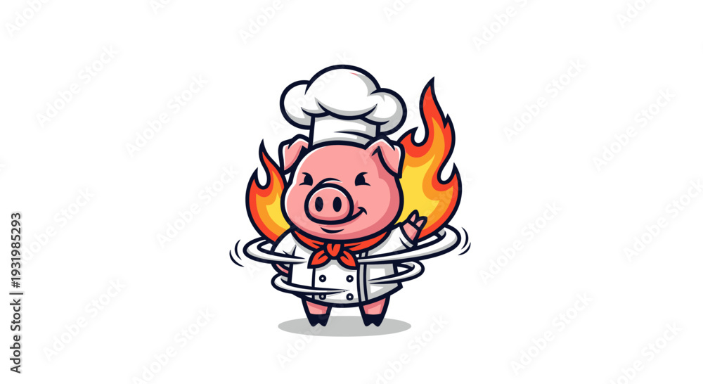 Obraz premium Cartoon pig chef surrounded by flames, smiling and wearing a hat. Spirals add motion