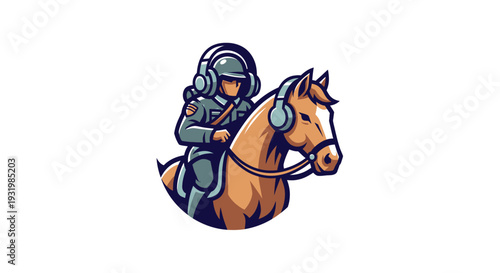 Stylized illustration of a rider in uniform and headphones on horseback against white