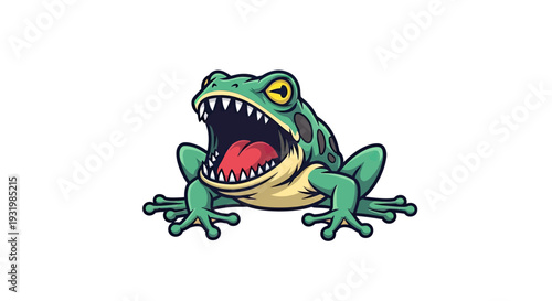 Cartoon illustration of a frog with open mouth, showing teeth and tongue on white