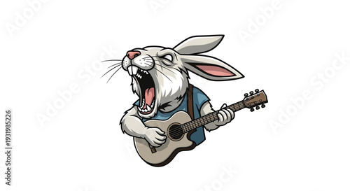 A cartoon rabbit, blue-shirted, passionately sings while playing a guitar, against a white background