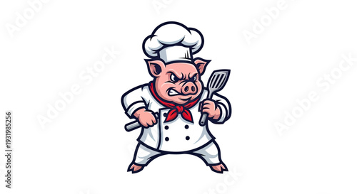A cartoon pig chef, wearing a toque and chef's uniform, holds utensils with an angry expression