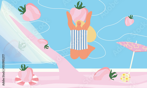 Surreal flat illustration of a girl diving into a pink swimming pool filled with strawberries. Bright summer mood, playful vacation atmosphere and dreamlike aesthetic. Concept of freedom, joy, imagina