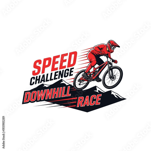 Dynamic Illustration of Mountain Biker in a Downhill Speed Challenge Race Emblem