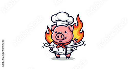 Cartoon pig chef surrounded by flames, smiling and wearing a hat. Spirals add motion