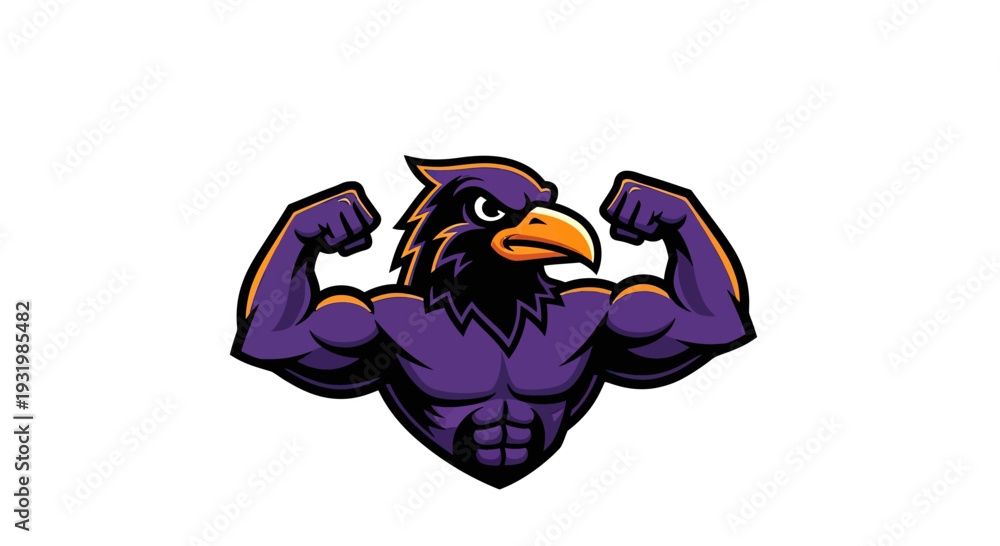 Fototapeta premium Strong cartoon raven flexing muscles, with purple body, orange and black accents