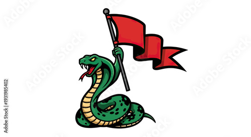 A green cobra mascot holds a red flag on white, cartoonish style