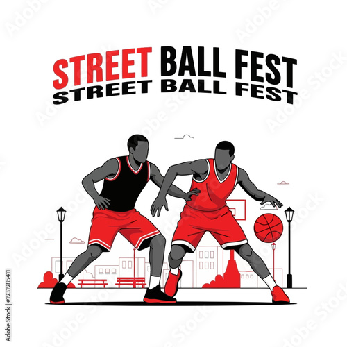 Dynamic Illustration of Street Basketball Tournament Featuring Athleticism and Competitive Action