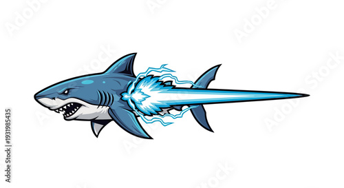 A stylized cartoon illustration of a shark blasting a beam of energy from its mouth