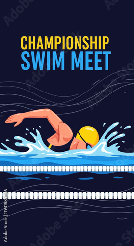 Dynamic Illustration of Swimmer in Competition, Capturing Aquatic Movement and Championship Spirit