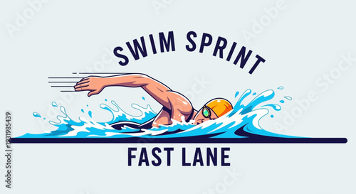 Dynamic Illustration of Swimmer in Freestyle Sprinting Across Water in a Fast Lane