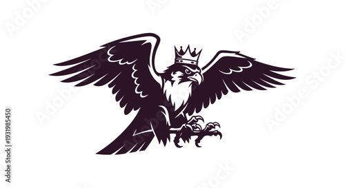 A regal falcon with spread wings, wearing a crown, depicted in a minimalist silhouette