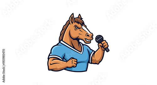 A muscular horse-human hybrid, holding a microphone, wearing a blue shirt. Isolated on white