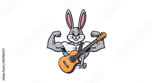 Muscular gray rabbit flexing, holding an acoustic guitar. Graphic on white