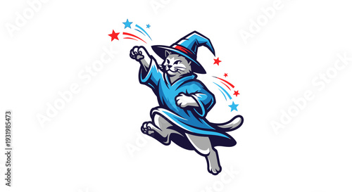 A cartoon cat wizard, in robes and hat, conjuring stars against a white background