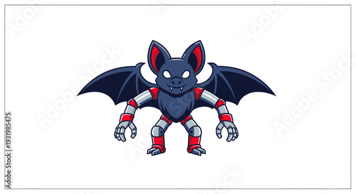 A robotic bat cartoon character with dark blue body and wings, red accents. It stands on white