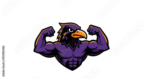 Strong cartoon raven flexing muscles, with purple body, orange and black accents