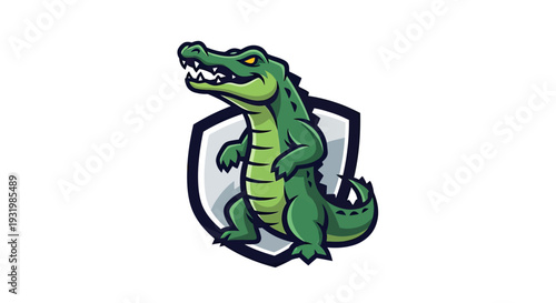 A stylized, cartoon crocodile mascot in a menacing pose, framed by a shield outline