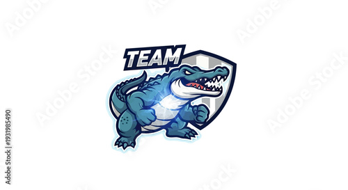 A blue crocodile mascot with "TEAM" text and shield, energetic pose, on a white background